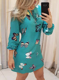 Casual Butterfly Print Tie Front Long Sleeve Dress