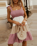Women Colorblock Knot Shoulder Ruched Bust Dress