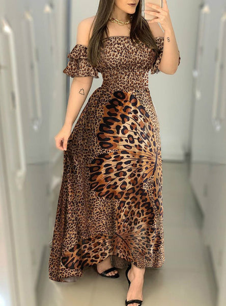 Off Shoulder Cheetah Butterfly Print Maxi Dress