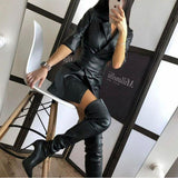 Plain Long Sleeve PU Leather Blazer Dress