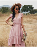 Hollow Out Ruffle Pink Lace Slim Elegant Dresses
