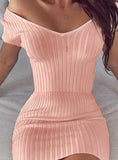 Solid V Neck Short Sleeve Casual Slim Mini Dress