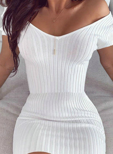 Solid V Neck Short Sleeve Casual Slim Mini Dress
