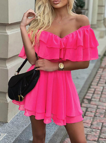 V-Neck Women Off Shoulder Ruffle Fit Flare Dress