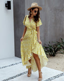 Pink Female Polka Dot Sexy V-neck Ruffle Short-sleeved Beach Vacation Summer Dress