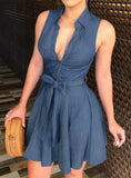 Summer Sleeveless V-Neck Tie Waist Shirt Dress