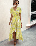 Pink Female Polka Dot Sexy V-neck Ruffle Short-sleeved Beach Vacation Summer Dress