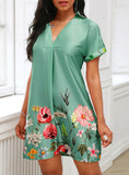 Women Floral Print Short Sleeve Satin Dress