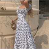 Women Short Puff Sleeve Flroal Printed Ruched Party High Split Summer Dress