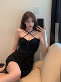 Sweet Lace-up Backless Strapless Drawstring Pleated Halte Dress