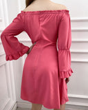 Off Shoulder Drawstring Bell Sleeve Ruffles Dress