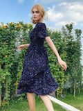 Chiffon Dress Summer Dress Casual V-neck Short-sleeved A-line Beach Long Robe Dress