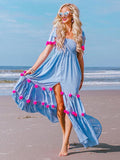 Blue Knotted Bowknot Bohemia Pompoms Split-front Maxi Dress