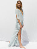 Light Blue Solid Color V-neck Split-side Maxi Dress
