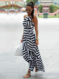 White and Black Asymmetric Striped Halterneck Maxi Dress