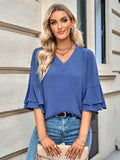 solid color loose V-neck lotus leaf sleeve top