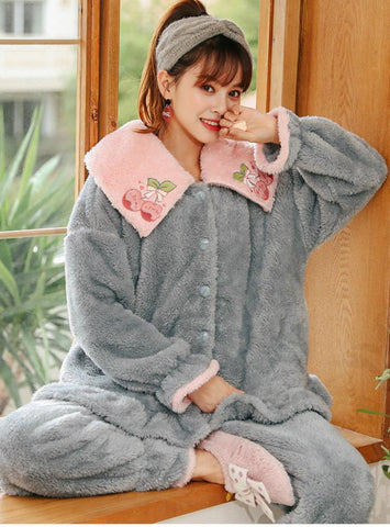 BLUE CHERRY THICK WARM FLANNEL TWO-PIECE SUIT