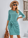 round neck long sleeve solid color slim ladies dress