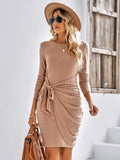 round neck long sleeve solid color slim ladies dress