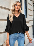 solid color loose V-neck lotus leaf sleeve top