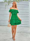 casual off-the-shoulder ruffled solid color dress