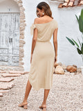 casual knitted dress with oblique neck and waist split