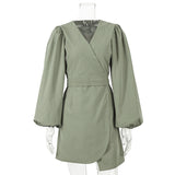 Solid V-Neck High Waist Asymmetry Sweet Lantern Long Sleeve Sashes Mini Dress
