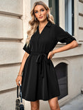 solid color lapel five-point sleeve belt dress