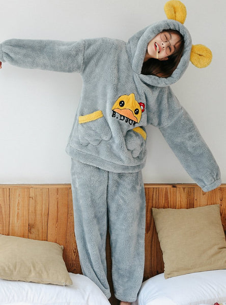 GRAY DUCK HOODED FLANNEL WINTER HOME CLOTHES