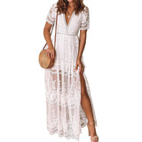 Wild Essence V-Neck Lace Romper Short Sleeve Maxi Dress