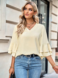 solid color loose V-neck lotus leaf sleeve top