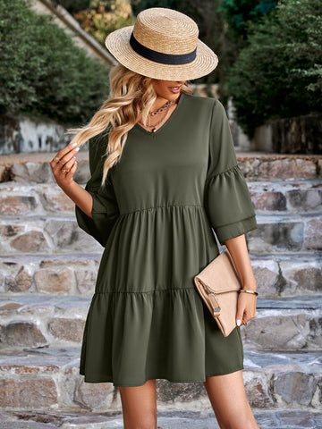 Fashion V-neck Solid Color Loose Dress