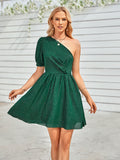 fashion one-shoulder solid color waist dress