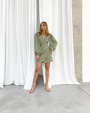 Solid V-Neck High Waist Asymmetry Sweet Lantern Long Sleeve Sashes Mini Dress