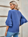 solid color loose V-neck lotus leaf sleeve top