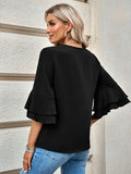 solid color loose V-neck lotus leaf sleeve top