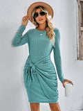 round neck long sleeve solid color slim ladies dress