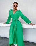 Fashion V-neck long-sleeved pleated lace-up dress