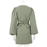 Solid V-Neck High Waist Asymmetry Sweet Lantern Long Sleeve Sashes Mini Dress