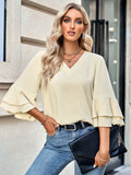 solid color loose V-neck lotus leaf sleeve top