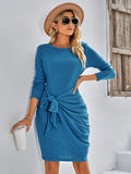 round neck long sleeve solid color slim ladies dress
