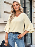 solid color loose V-neck lotus leaf sleeve top