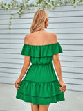 casual off-the-shoulder ruffled solid color dress