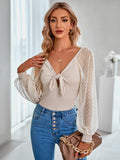 knotted V-neck solid color slim knit top