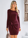 round neck long sleeve solid color slim ladies dress