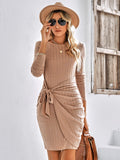 round neck long sleeve solid color slim ladies dress