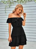 casual off-the-shoulder ruffled solid color dress