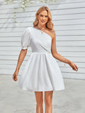 fashion one-shoulder solid color waist dress