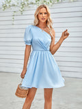 fashion one-shoulder solid color waist dress
