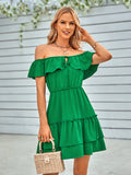 casual off-the-shoulder ruffled solid color dress